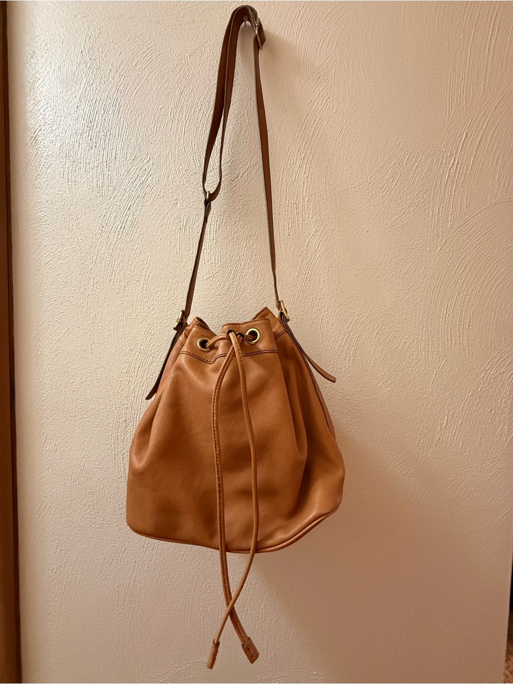 J. Crew Tan Genuine Leather Drawstring Bucket Crossbody